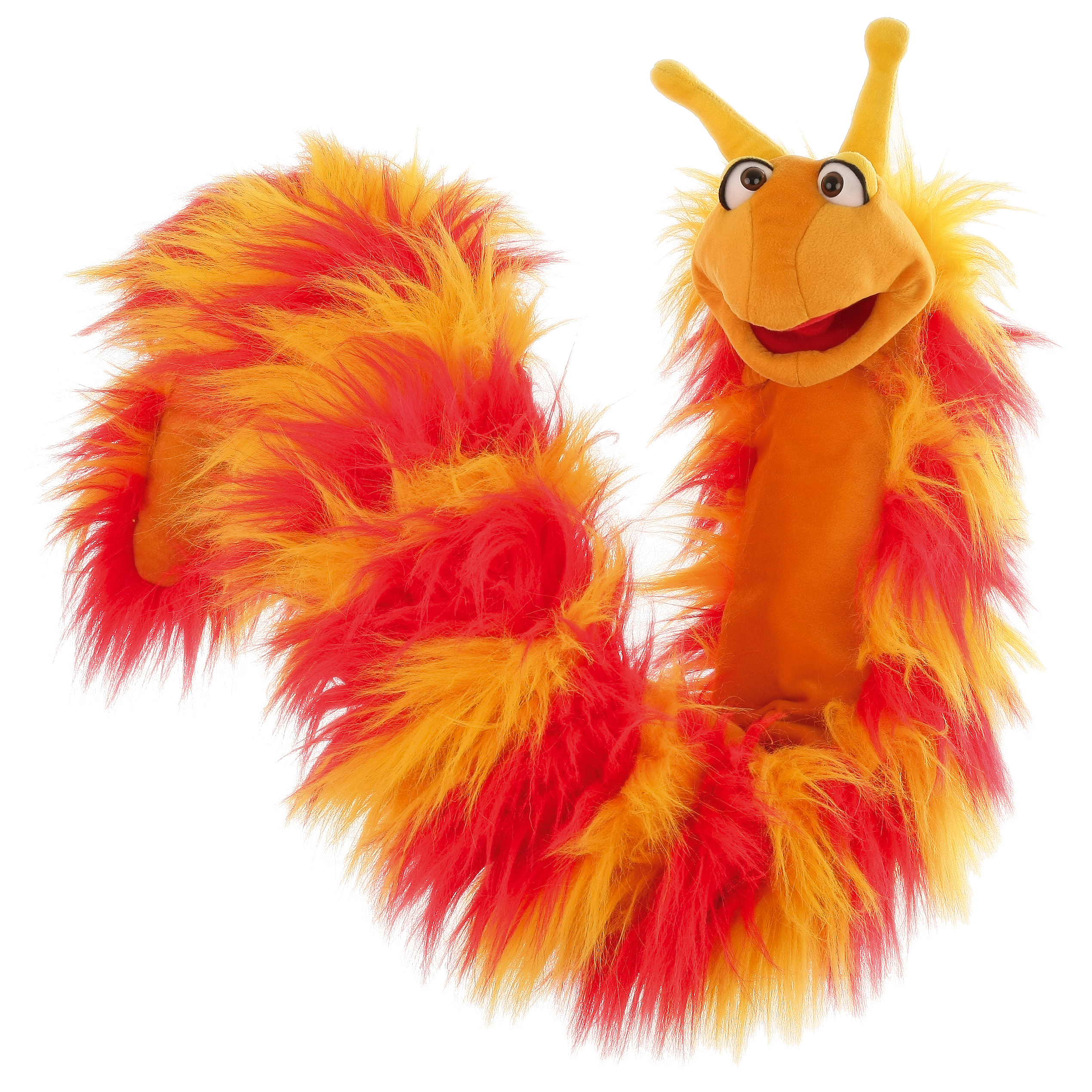 Living Puppets hand puppet Reni the giant caterpillar with red and yellow shaggy fur, an orange head and yellow antennae, curved body