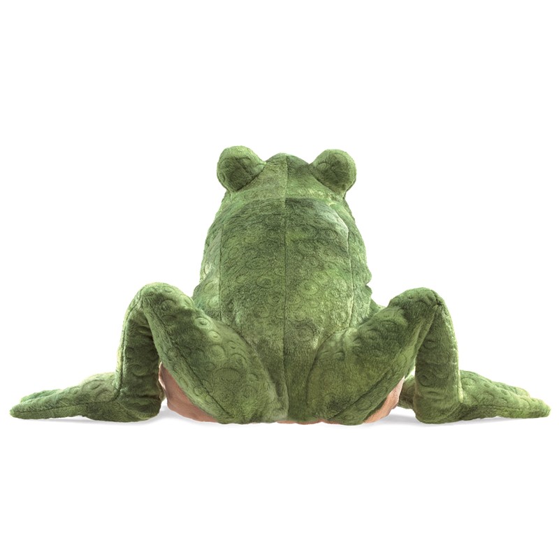 Folkmanis toad hand puppet shown from the back with textured green-brown plush and splayed hind legs