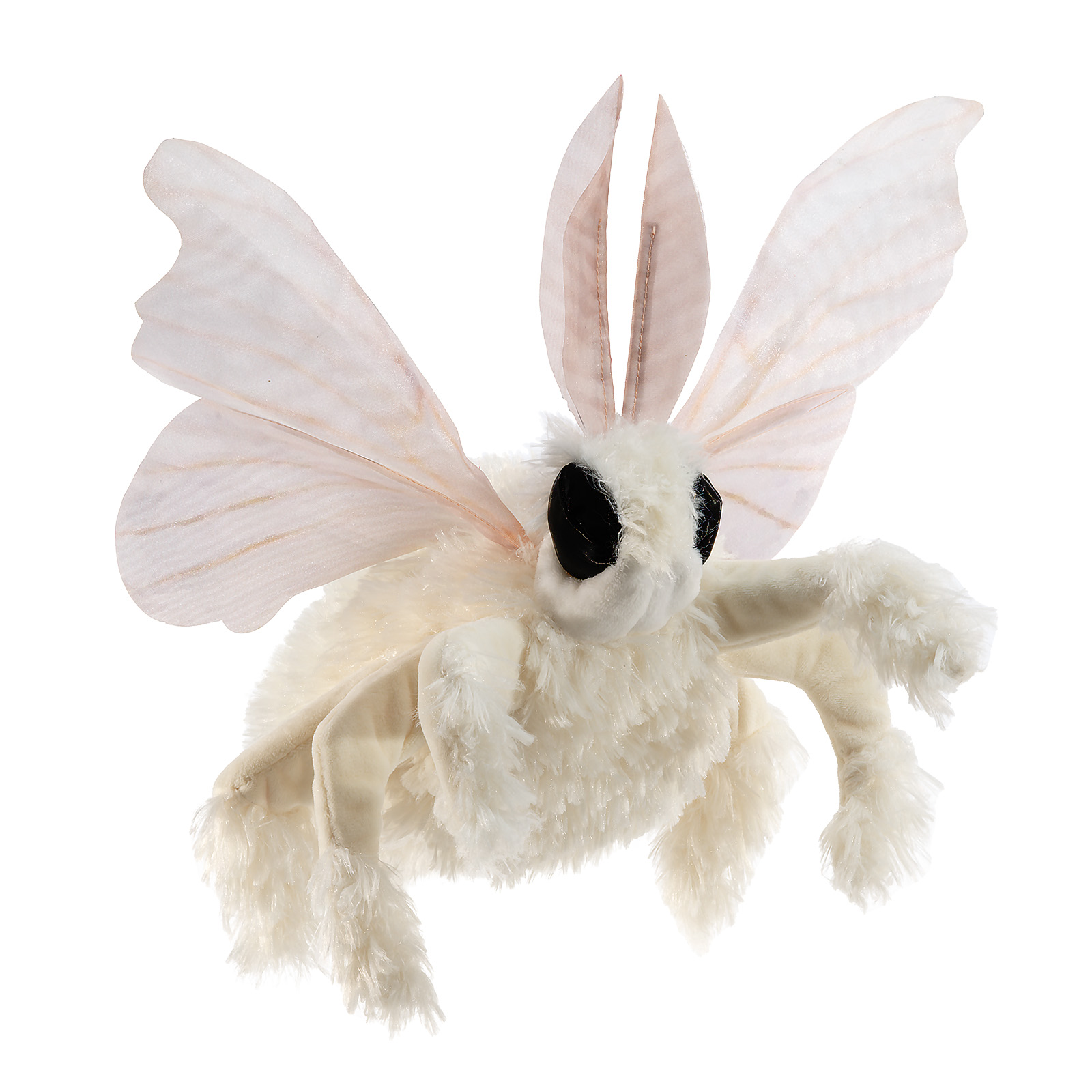 Folkmanis poodle moth hand puppet made of cream-coloured plush with rosy transparent wings and large black eyes, front view
