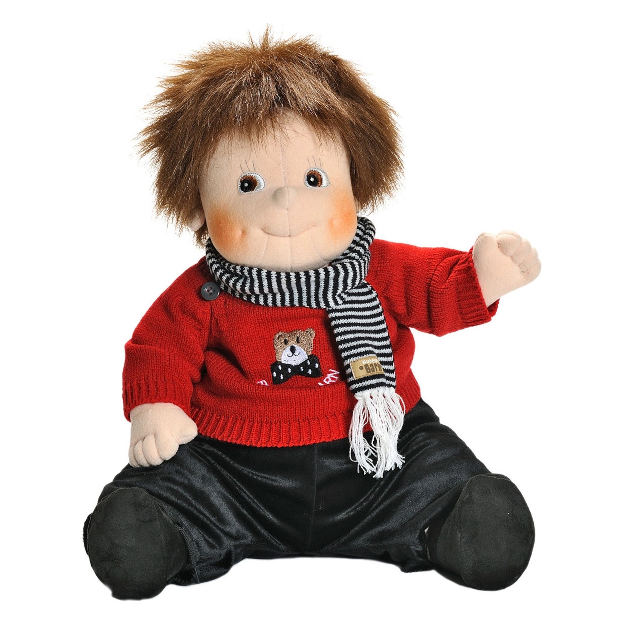 Rubens Barn doll Emil with red teddy jumper, striped scarf and dark trousers