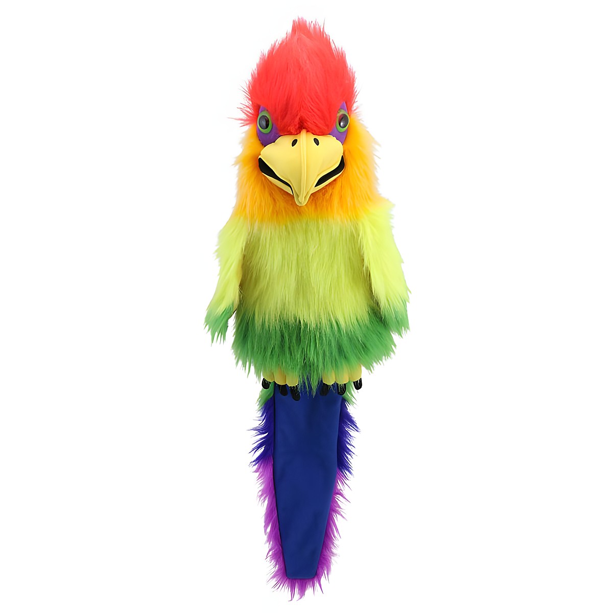 The Puppet Company hand puppet rainbow bird with sound, bird with a red head, yellow-green feathers and blue feather tail