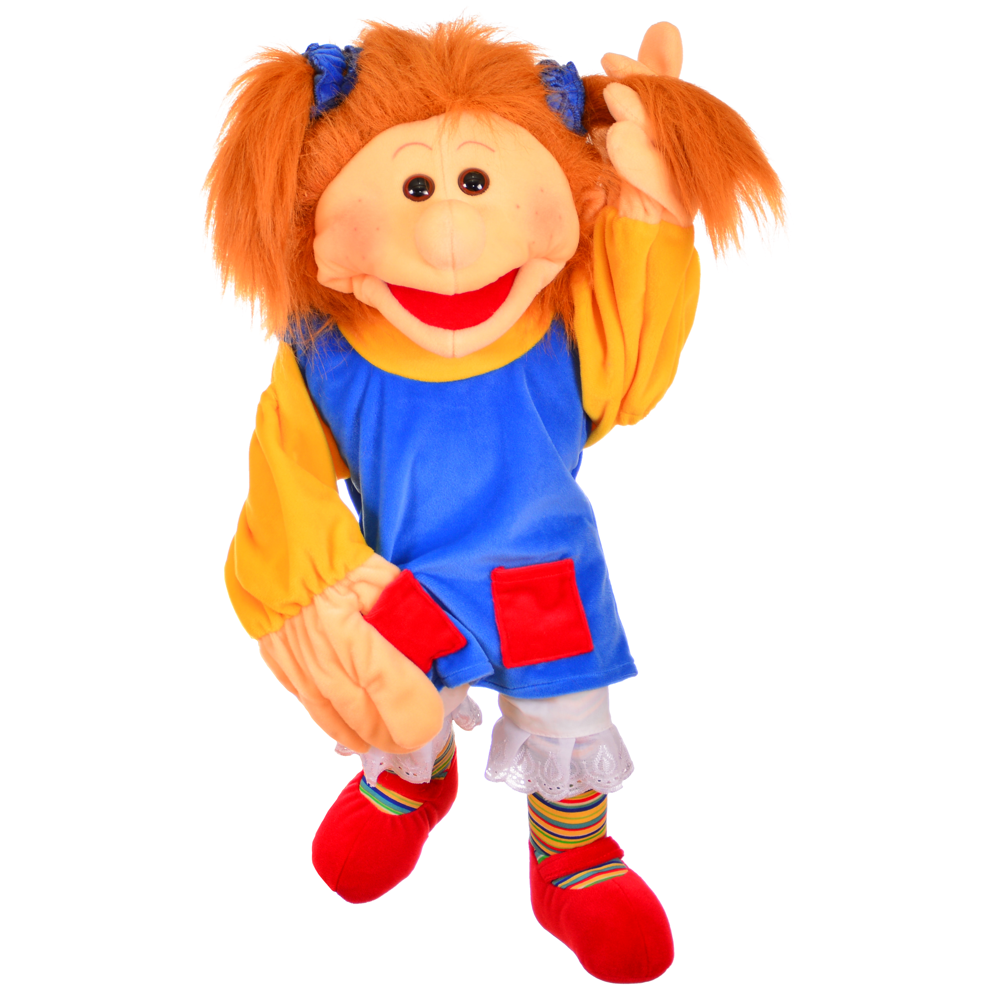 Living Puppets hand puppet Lotta with orange pigtails, blue pinafore dress with red pockets, yellow sleeves and red shoes, one hand at her hair
