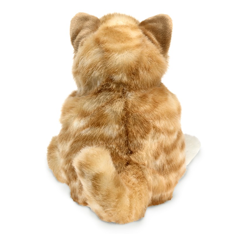 Folkmanis orange tabby kitten hand puppet seen from behind, showing striped ginger fur and pointed ears