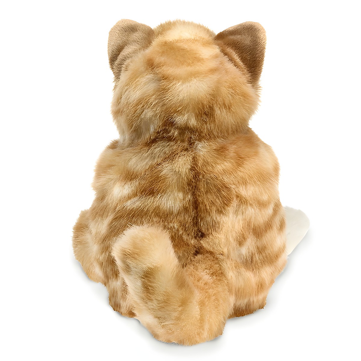 Folkmanis orange tabby kitten hand puppet seen from behind, showing striped ginger fur and pointed ears