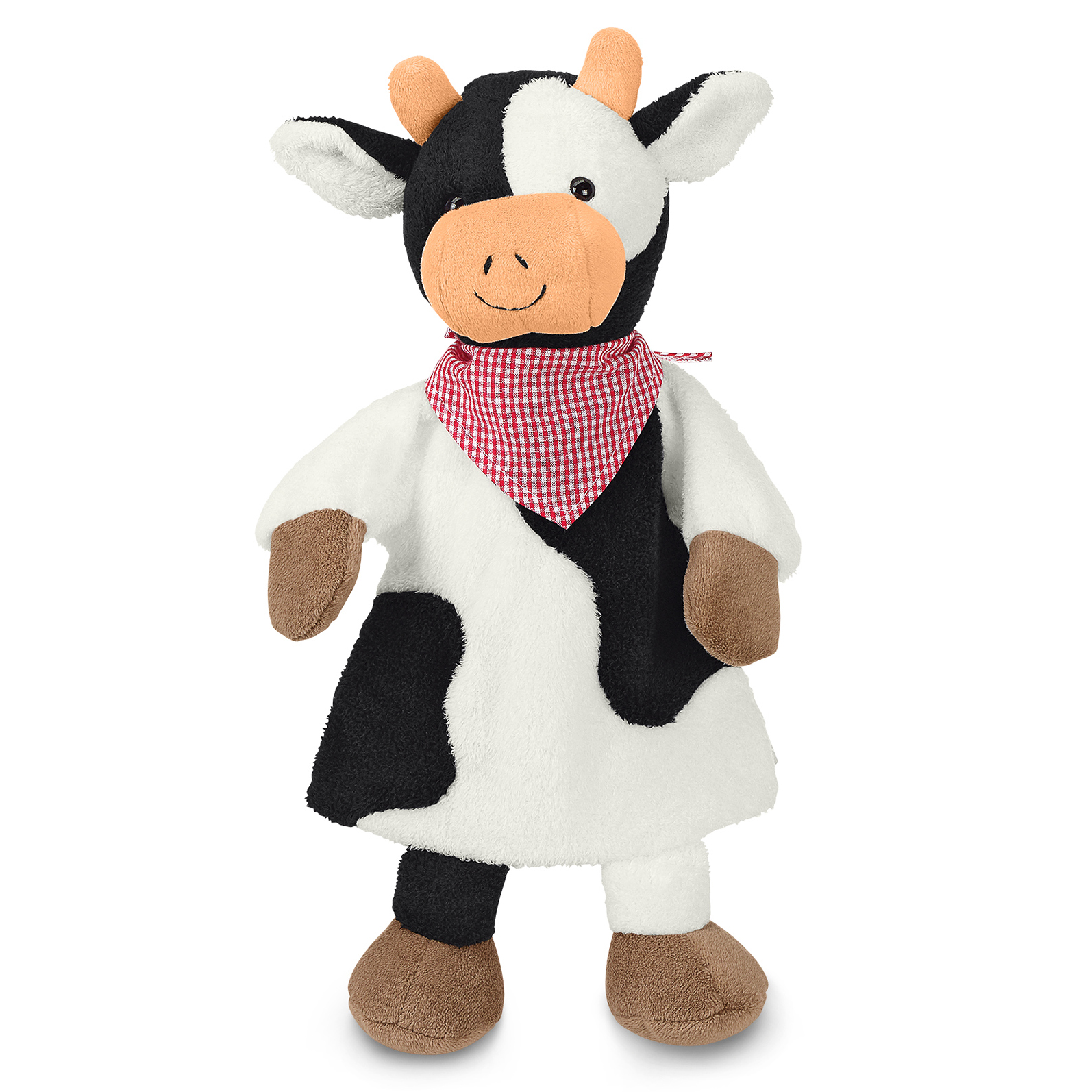 Sterntaler baby hand puppet cow, black-and-white patched fur with a beige muzzle and a checked bandana