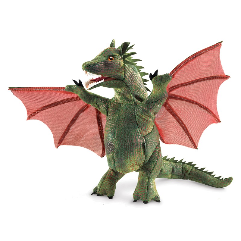 Folkmanis hand puppet winged dragon, green with red mesh fabric wings, open mouth, front view