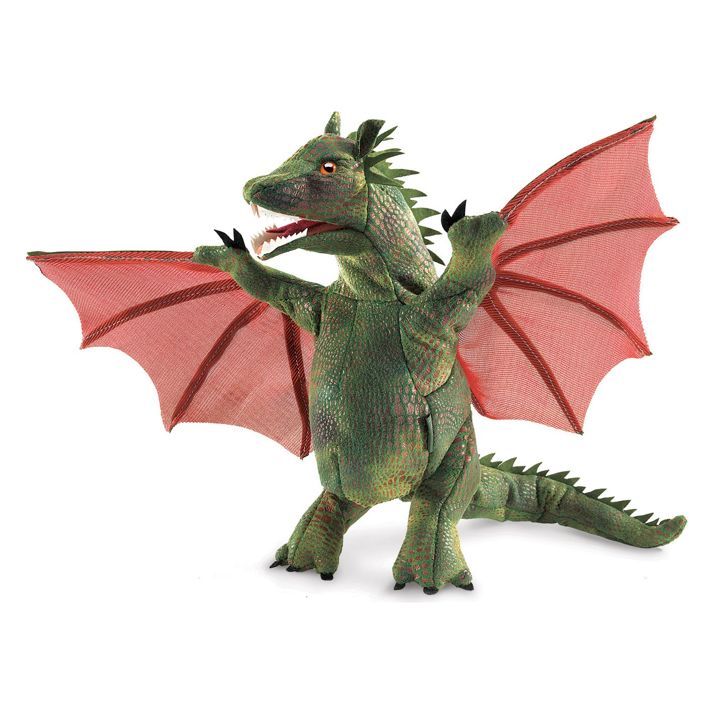 Folkmanis hand puppet winged dragon, green with red mesh fabric wings, open mouth, front view