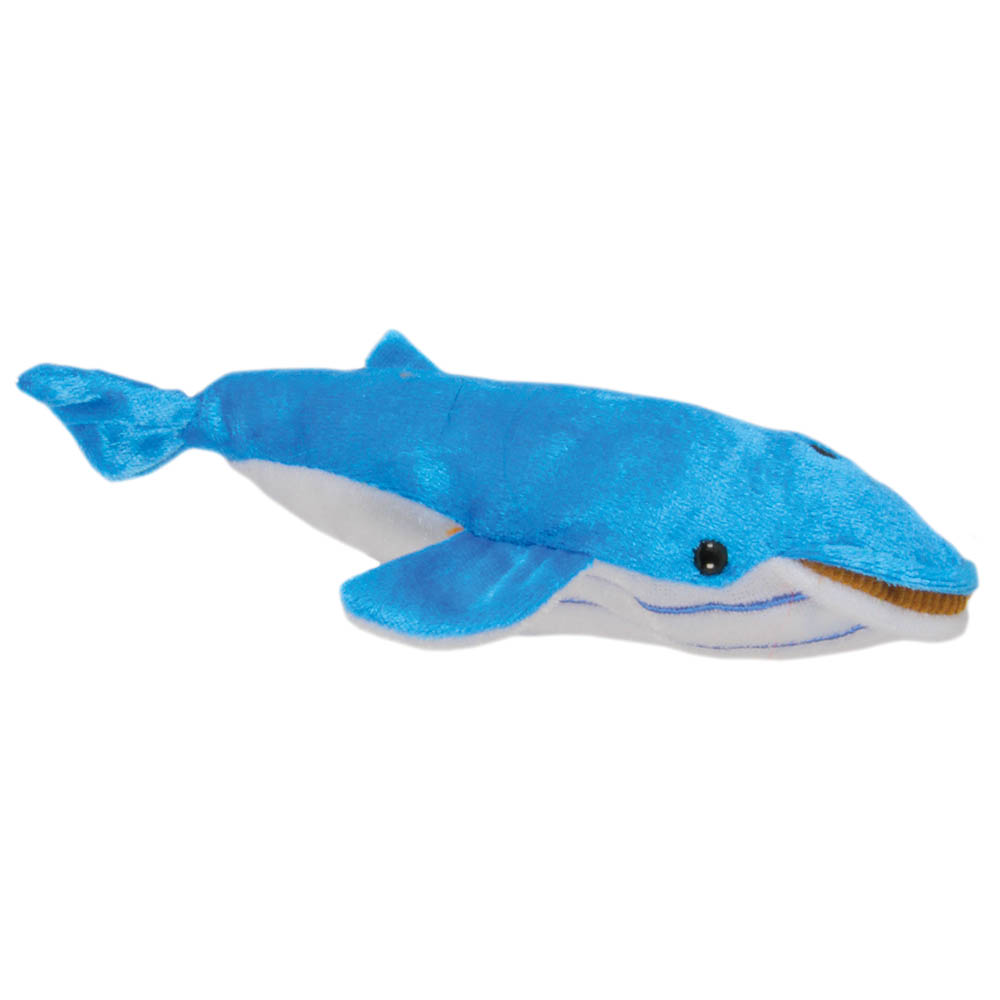 The Puppet Company finger puppet blue whale, blue finger puppet with a white belly