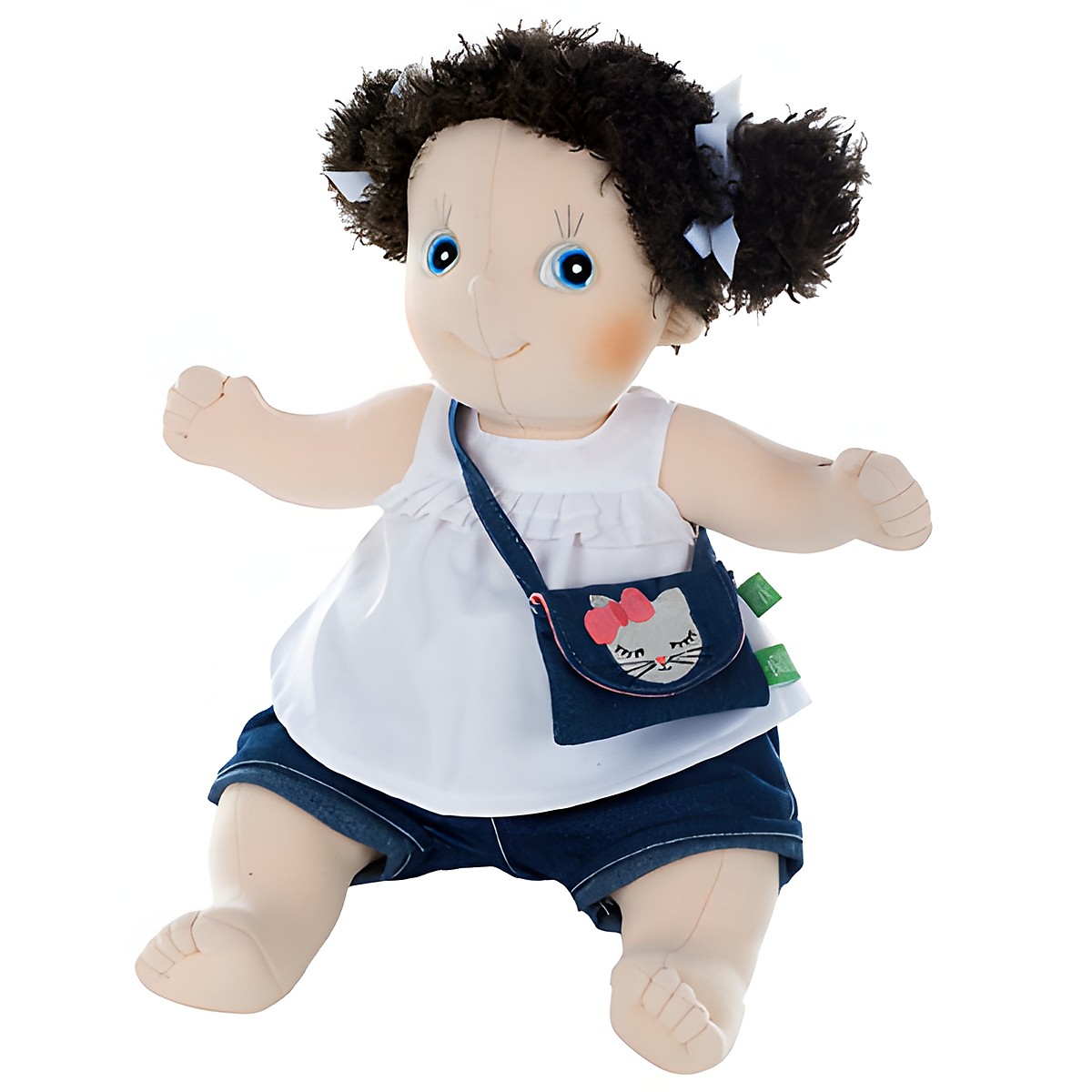Rubens doll with white top, denim shorts and the kitty bag over its shoulder