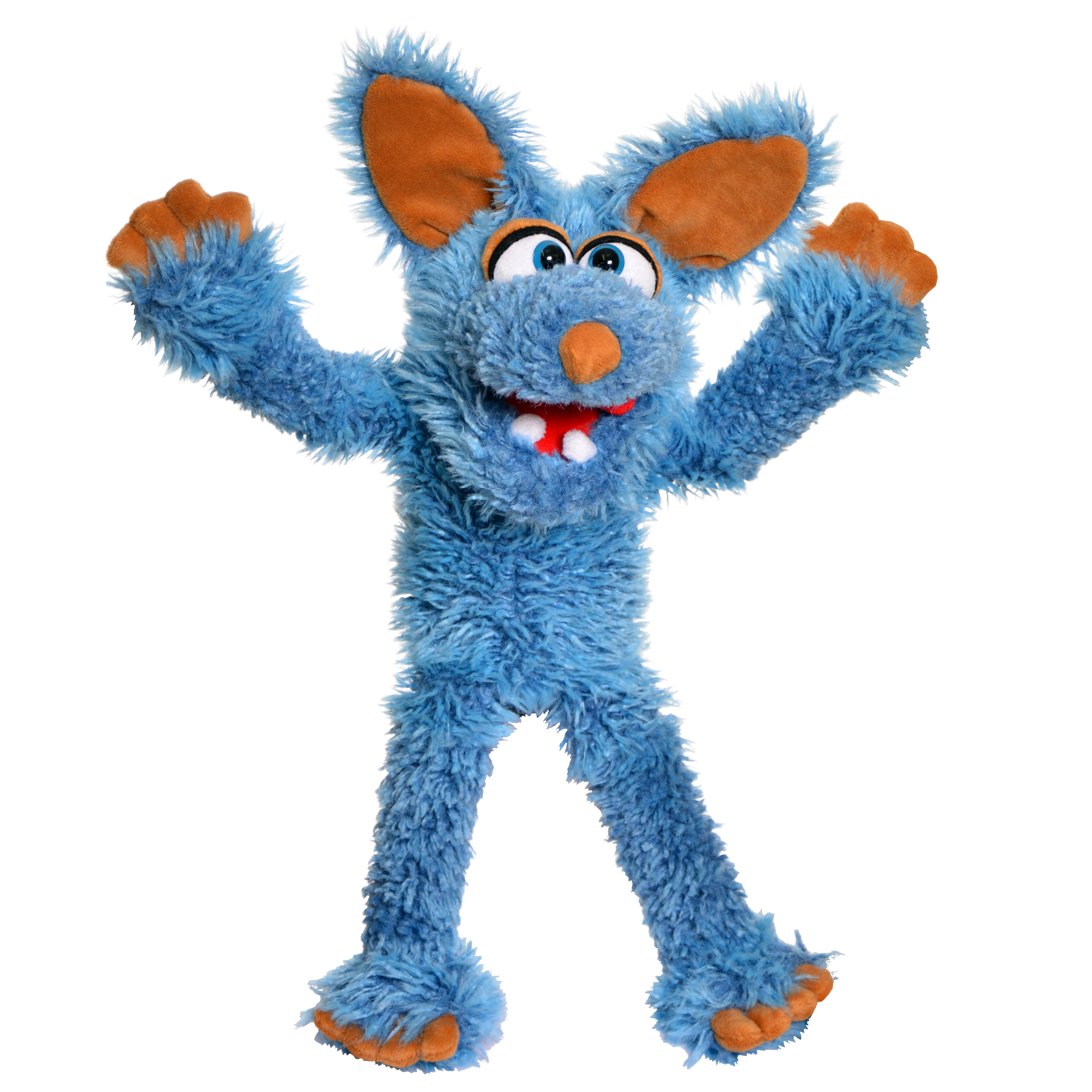 Living Puppets hand puppet Klein Schlawenski, blue coyote with large orange ears and paws, arms spread wide