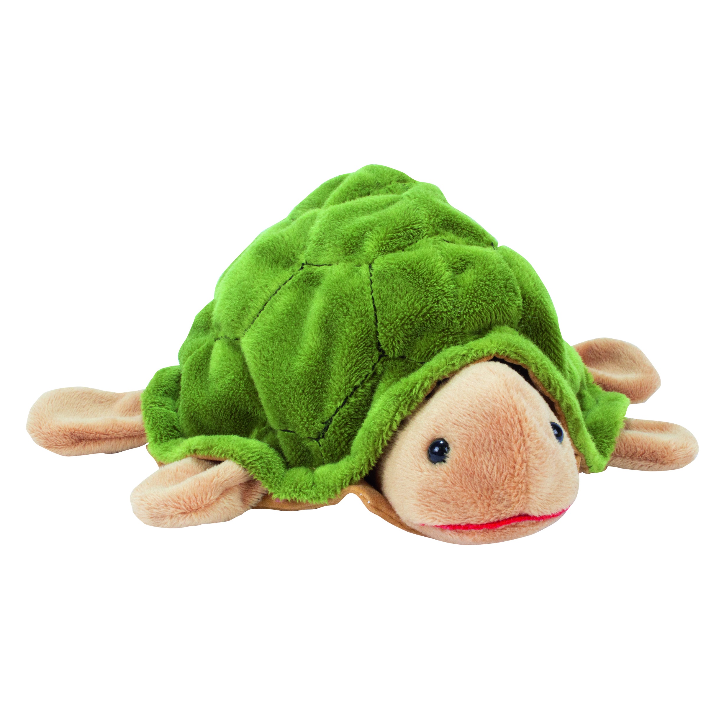 Beleduc hand puppet turtle with a green patterned shell and a beige head, lying pose