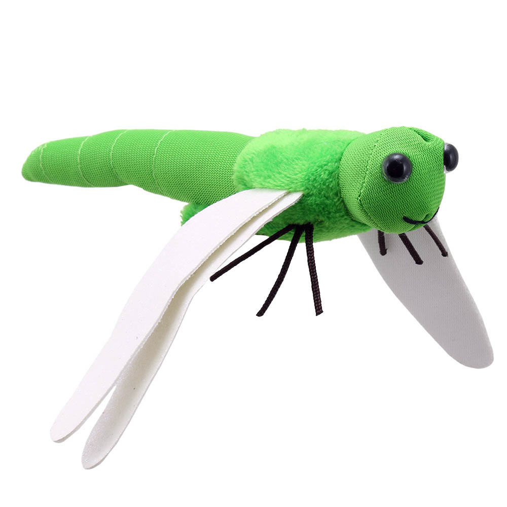 The Puppet Company finger puppet green dragonfly, green finger puppet with white wings, side view