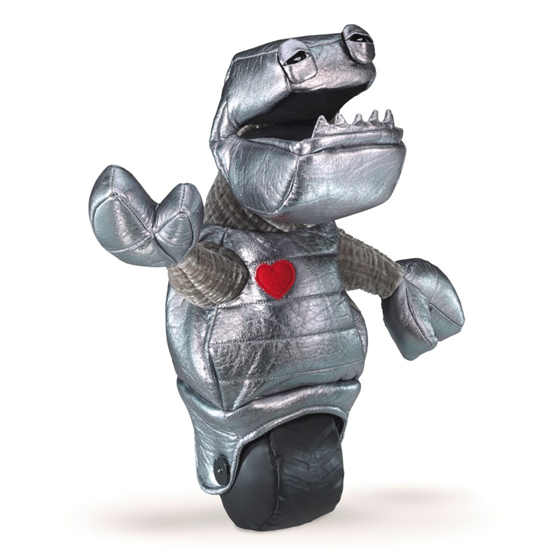 Folkmanis robot hand puppet in silver with open crocodile mouth, red heart on the chest and black wheel at the bottom