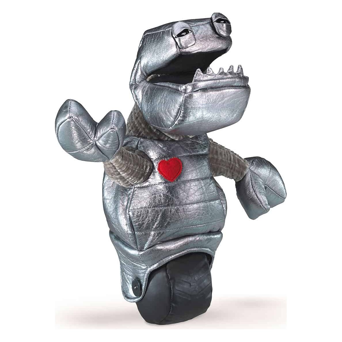 Folkmanis robot hand puppet in silver with open crocodile mouth, red heart on the chest and black wheel at the bottom