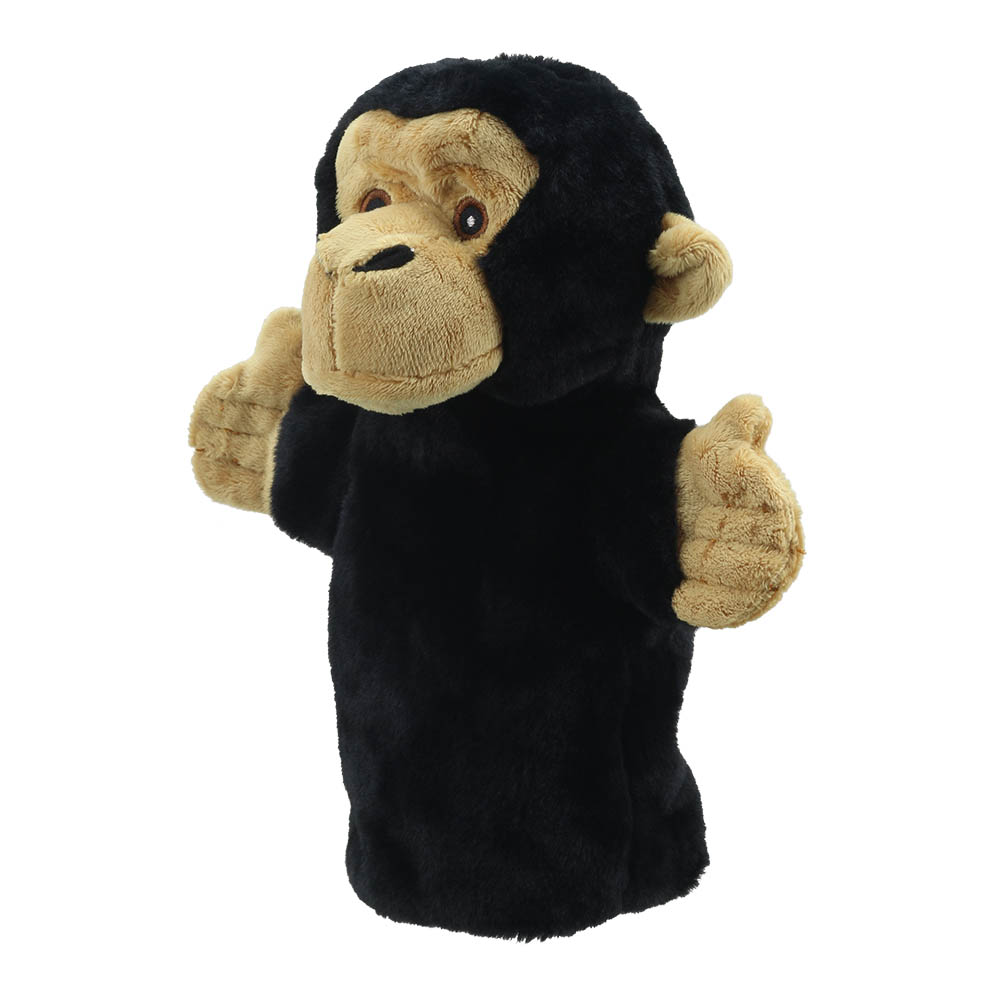 The Puppet Company baby hand puppet chimpanzee, black ape with a beige face, close-up view
