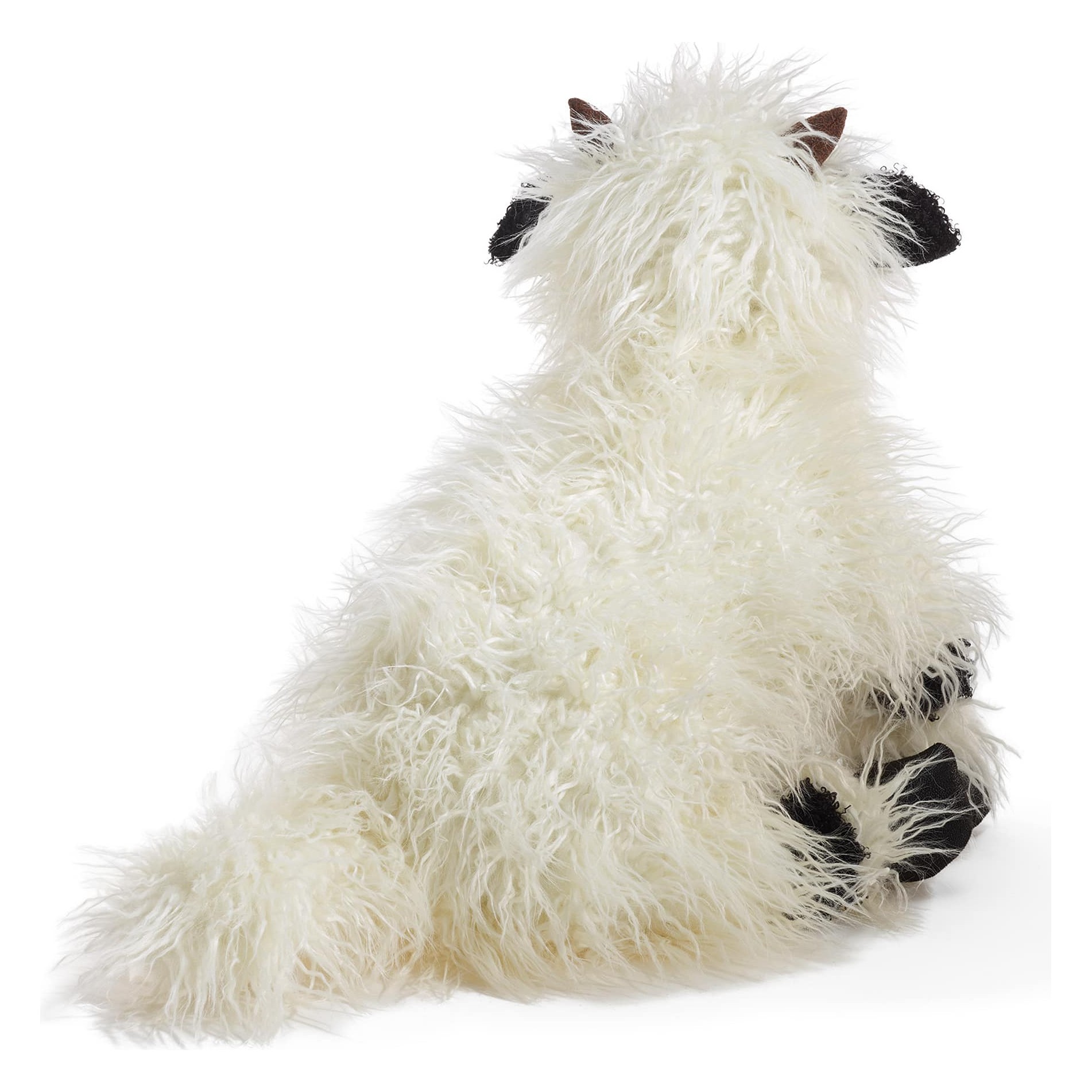 Folkmanis Valais Blacknose Sheep hand puppet seen from behind: long white shaggy fur, black ears and hooves, small brown horns