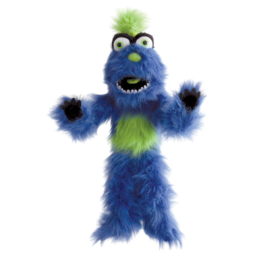The Puppet Company monster hand puppet blue-green, blue shaggy monster with a green hair tuft and green belly patch, arms outstretched