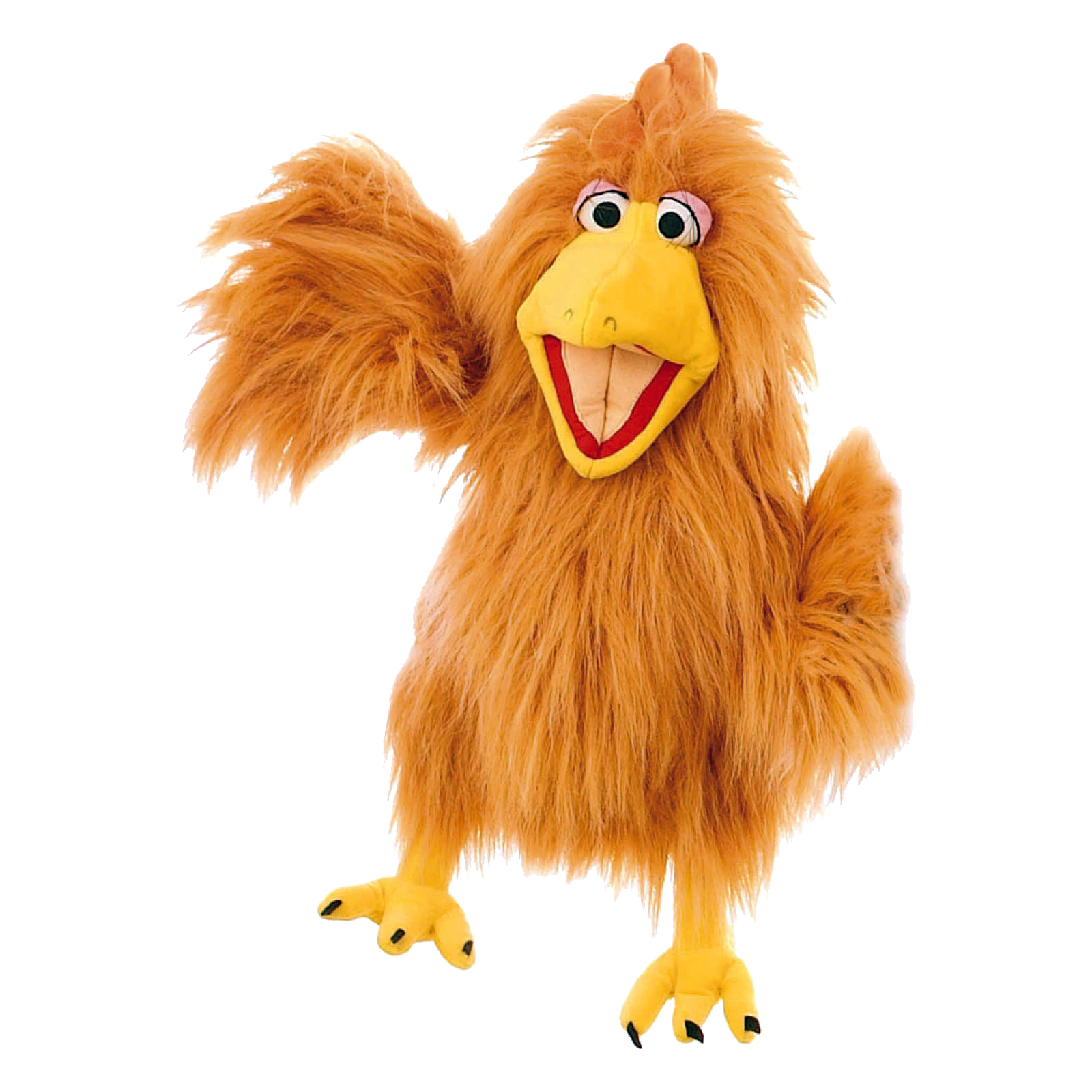 Living Puppets hand puppet Herta the hen with orange-brown shaggy plumage and yellow beak