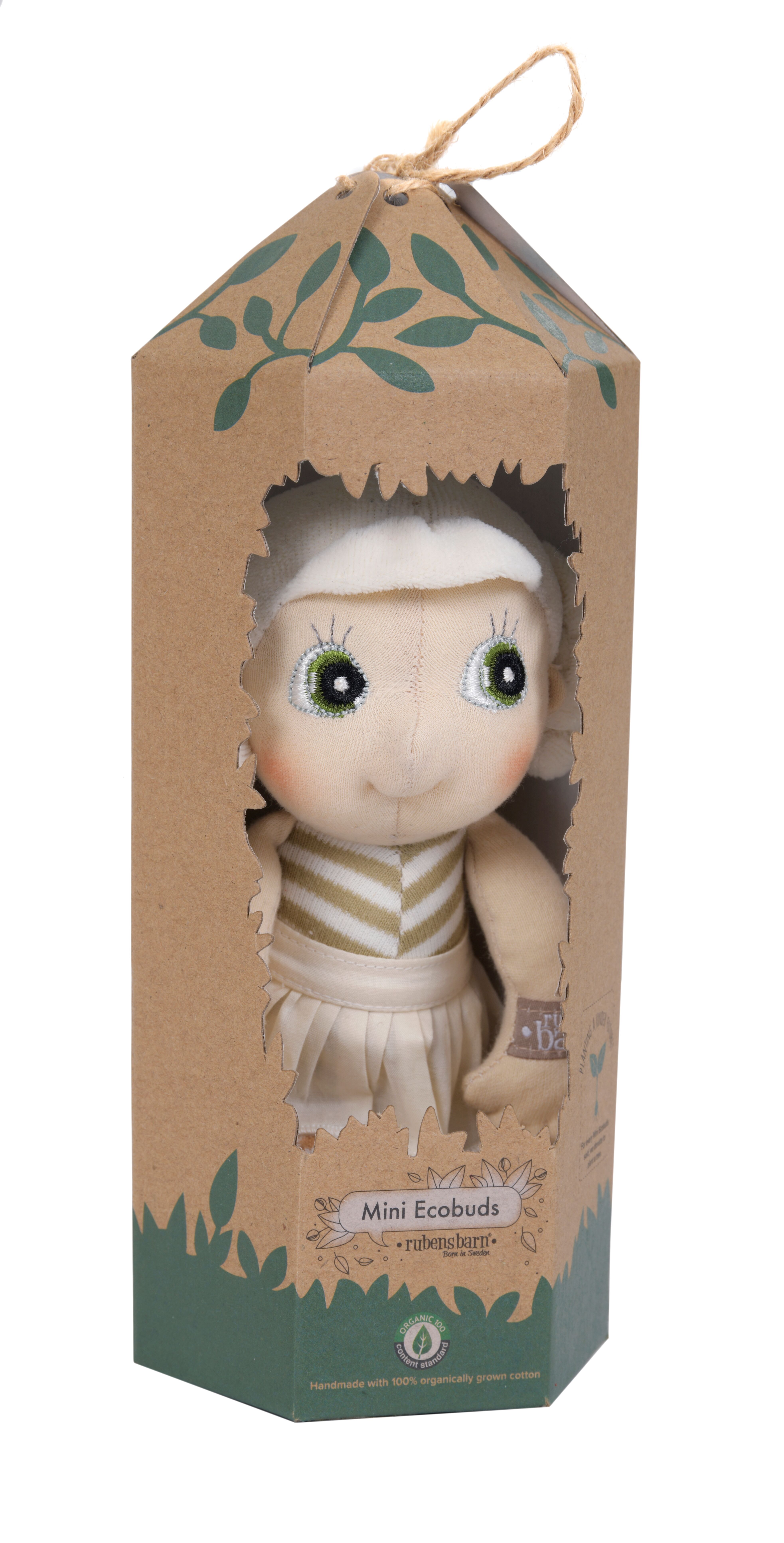 Rubens EcoBuds mini doll Lily in the natural cardboard packaging