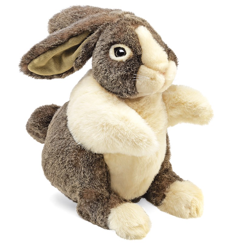 Folkmanis Dutch Rabbit hand puppet in brown and beige with lop ears, sitting upright, side view