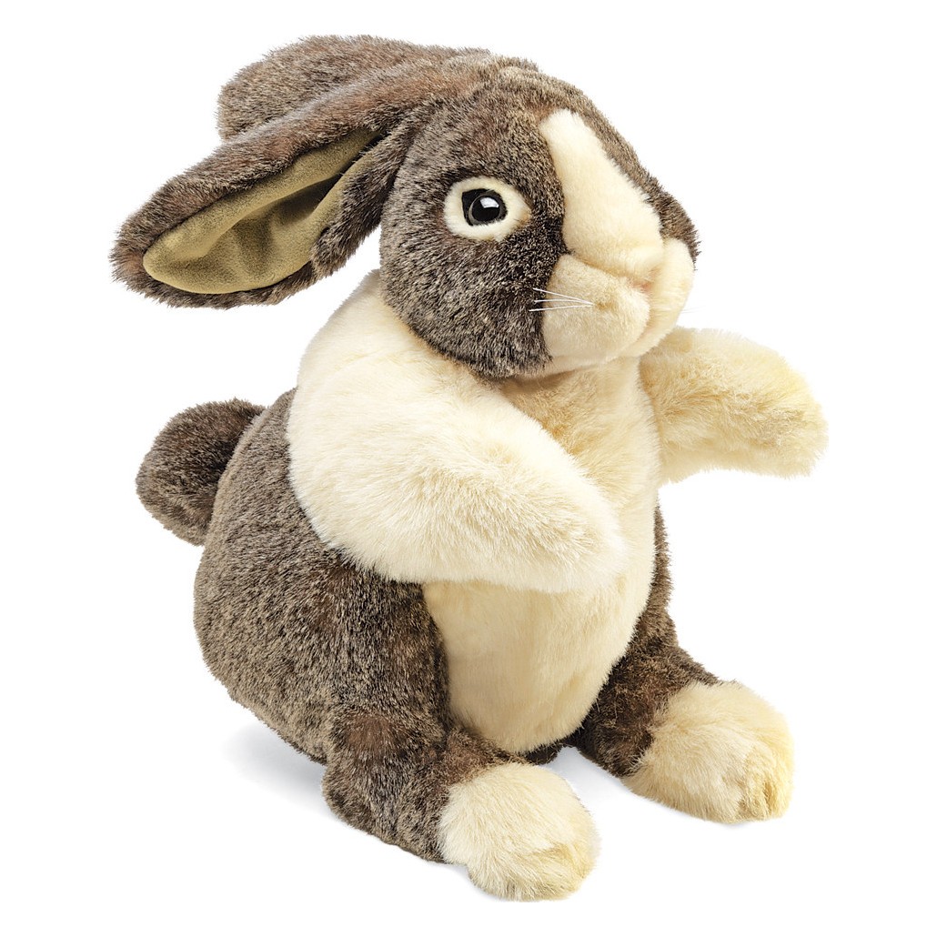 Folkmanis Dutch Rabbit hand puppet in brown and beige with lop ears, sitting upright, side view