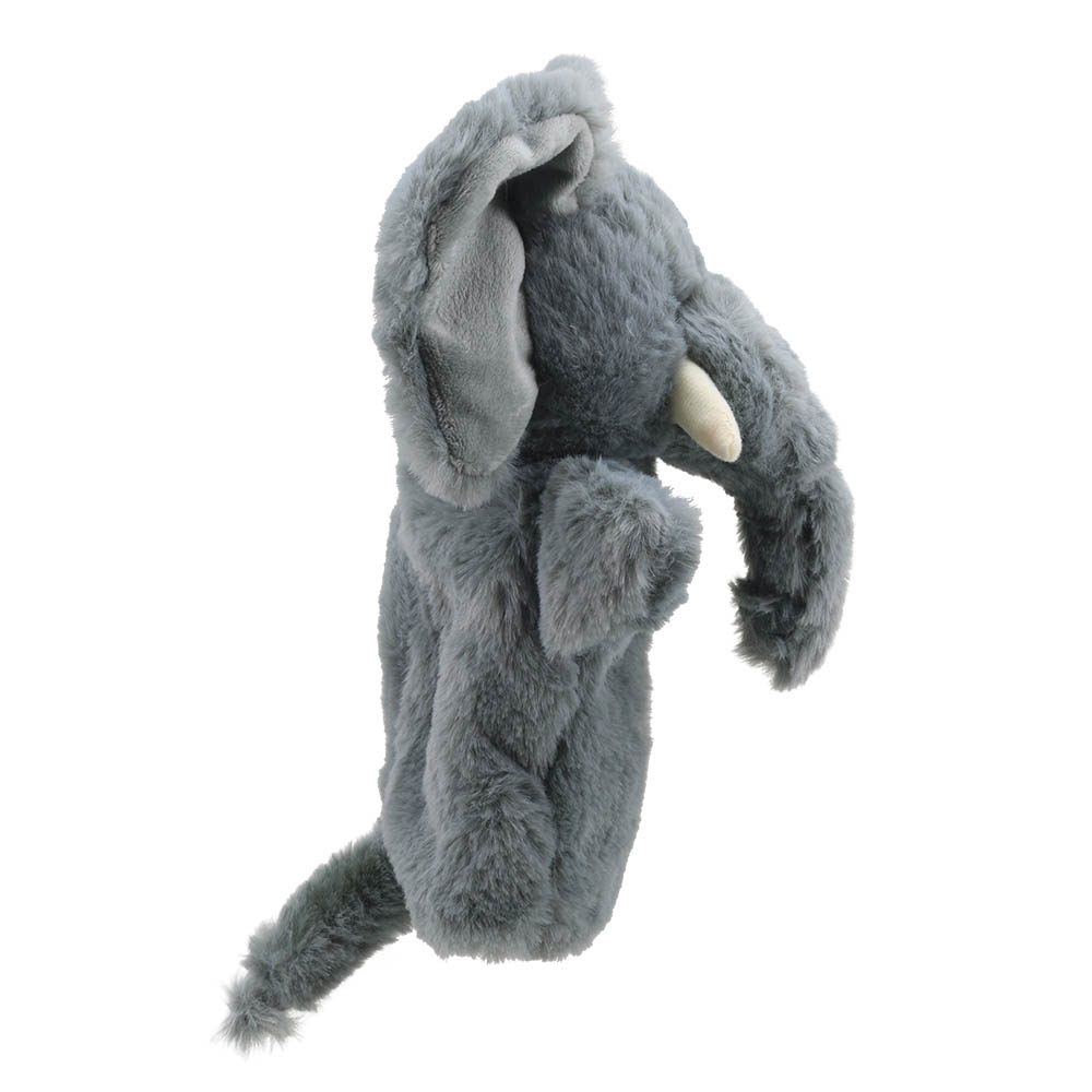 The Puppet Company hand puppet elephant, side view in full length with a grey body