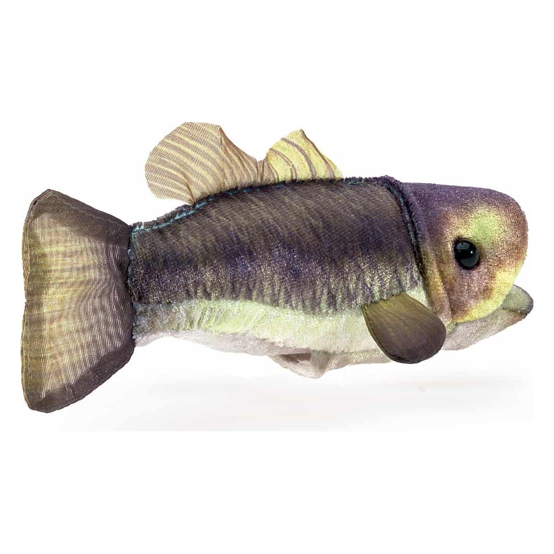 Folkmanis mini largemouth bass finger puppet in lifelike green-brown colouring with open mouth, side view