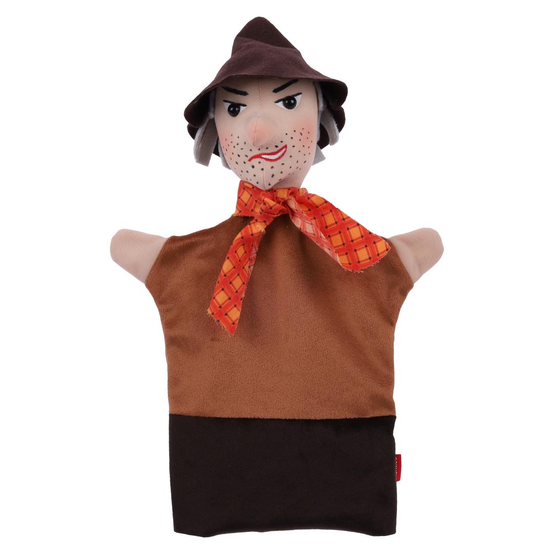 Robber hand puppet by munabo, front view with a brown pointed hat, an orange check neckerchief and a brown waistcoat.