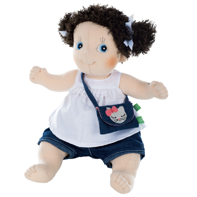 Rubens doll with white ruffled top and short denim trousers