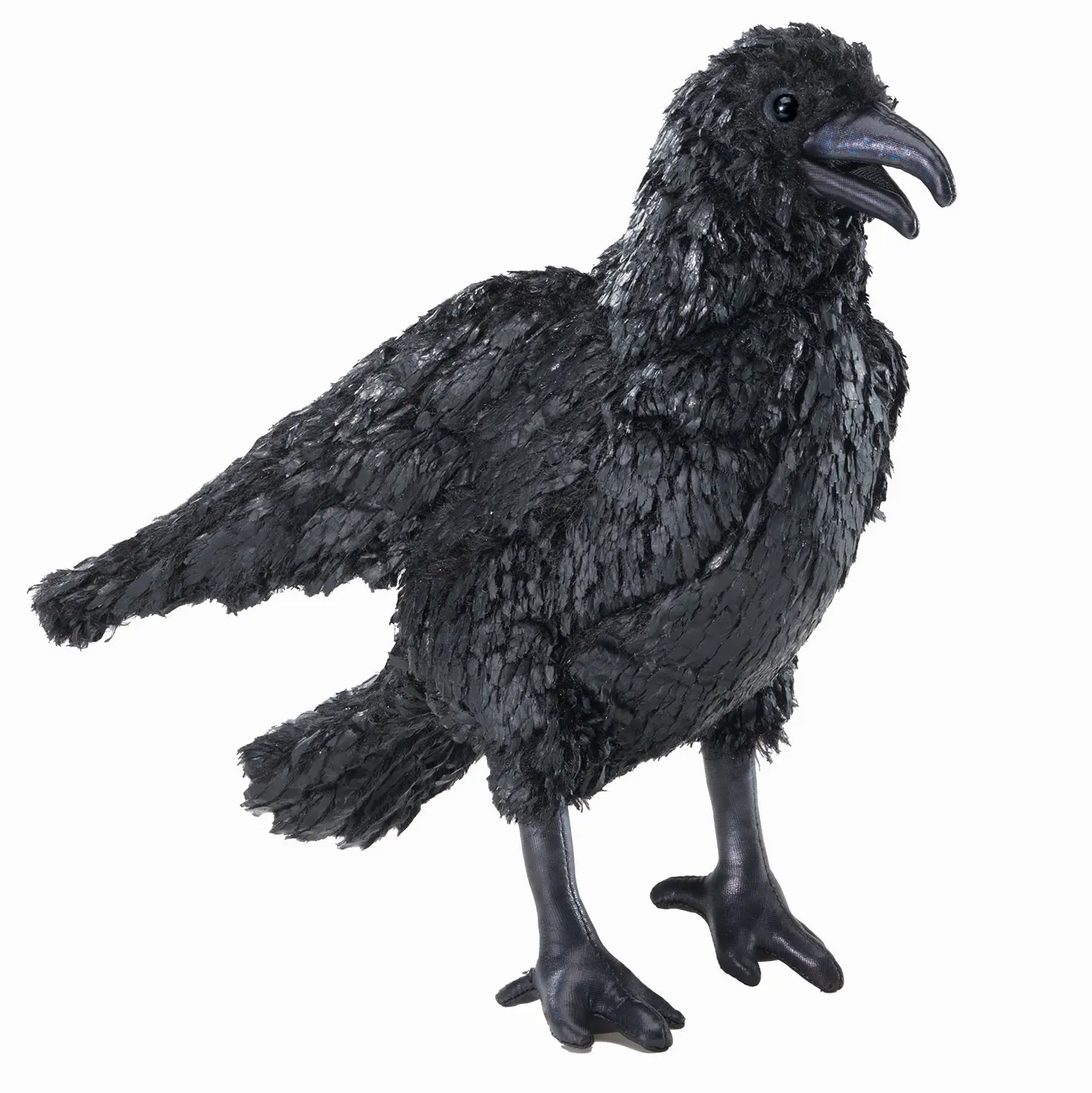 Folkmanis crow hand puppet in black, standing with open beak, detailed feathers in textured plush, side view