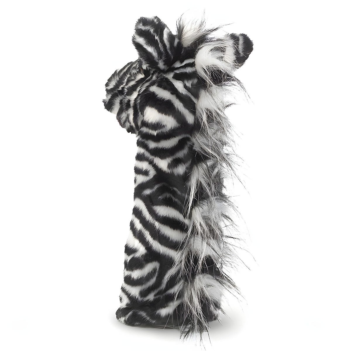 Folkmanis zebra hand puppet shown from the side with a black-and-white stripe pattern and shaggy mane