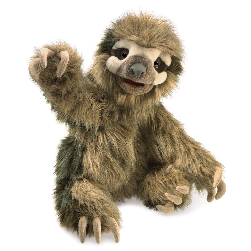 Folkmanis hand puppet three-toed sloth with shaggy brown-green fur, movable mouth and raised clawed paw