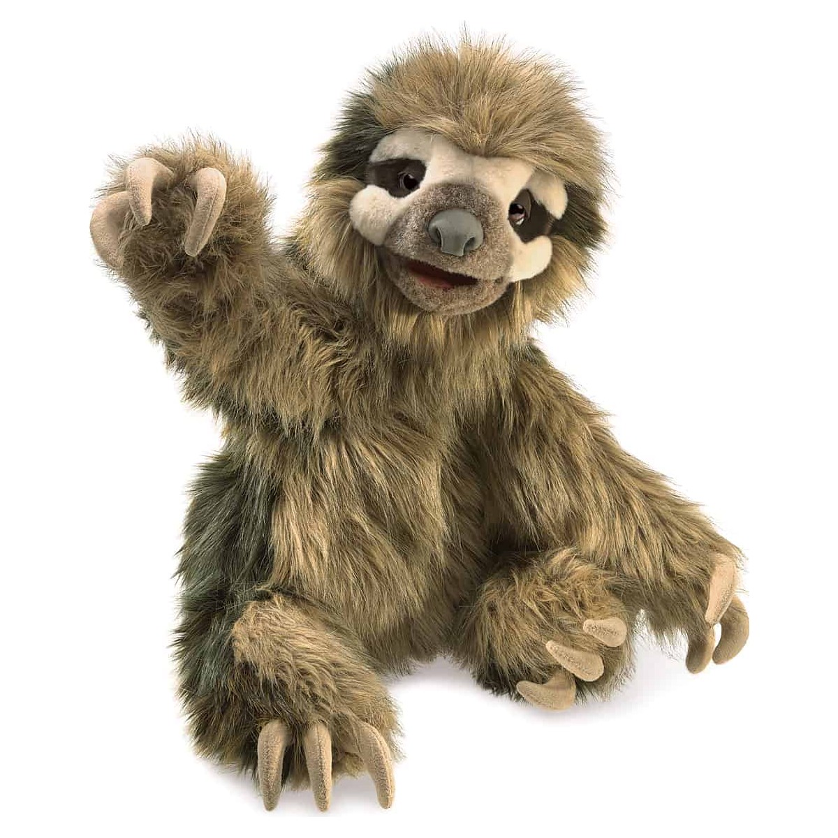 Folkmanis hand puppet three-toed sloth with shaggy brown-green fur, movable mouth and raised clawed paw