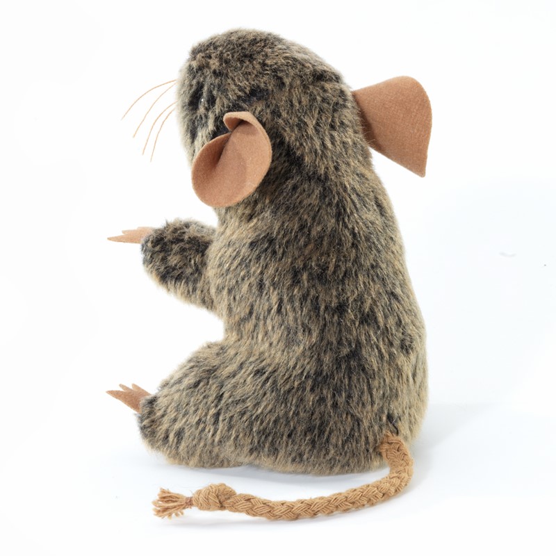 Folkmanis mini field mouse finger puppet with grey-brown fur, braided tail and beige felt ears, side view