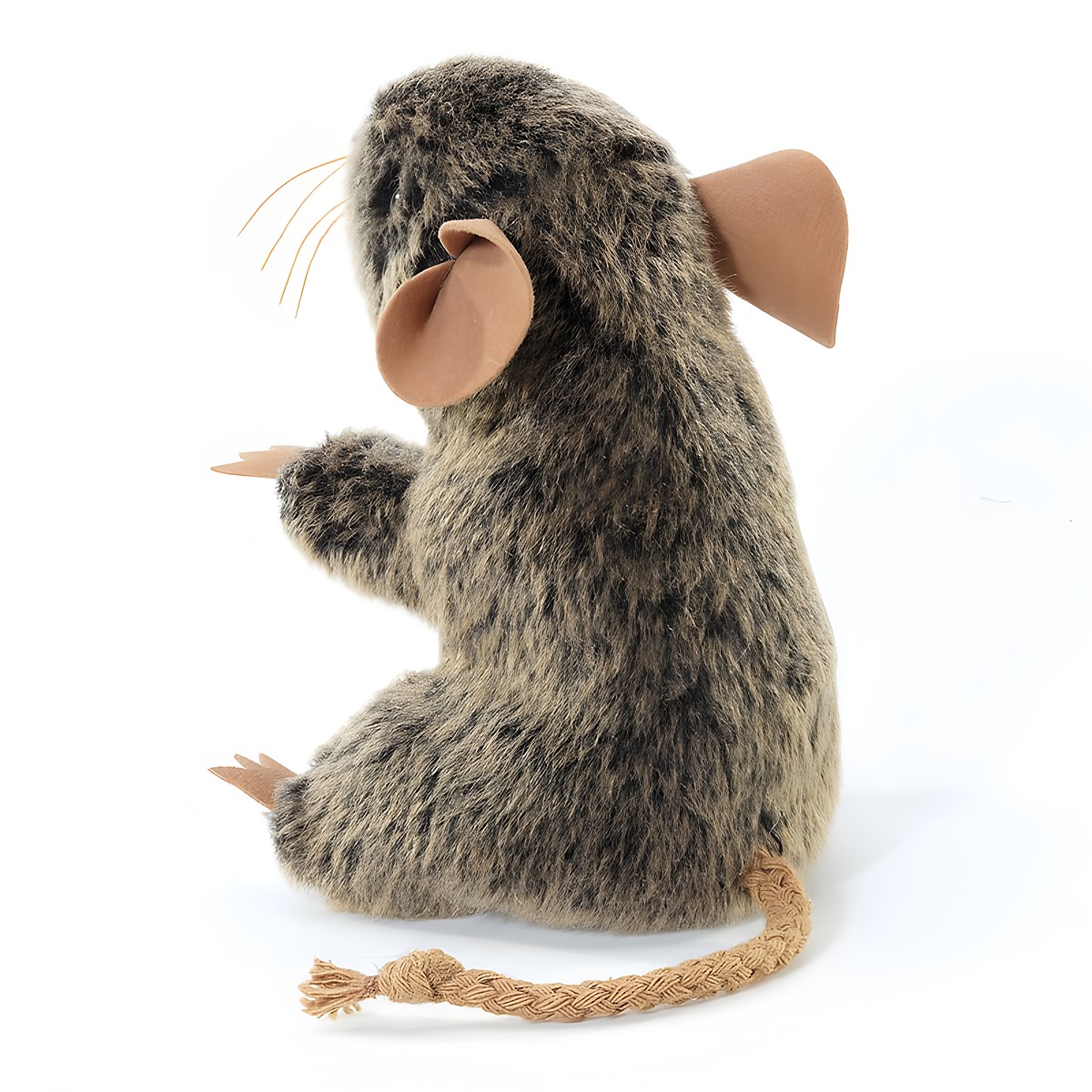 Folkmanis mini field mouse finger puppet with grey-brown fur, braided tail and beige felt ears, side view