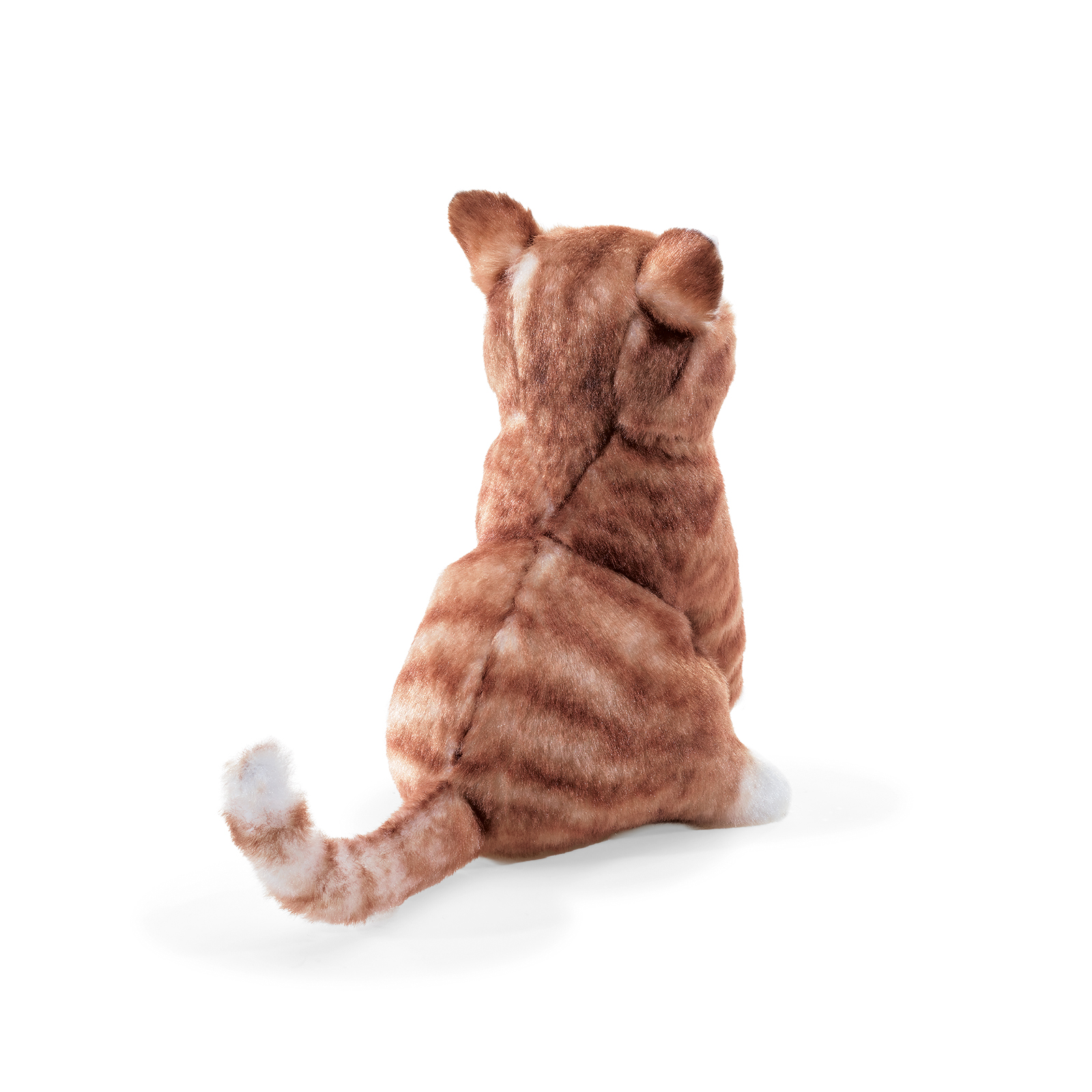 Folkmanis finger puppet mini cat orange, striped plush kitten seen from behind in a sitting position with a white tail tip