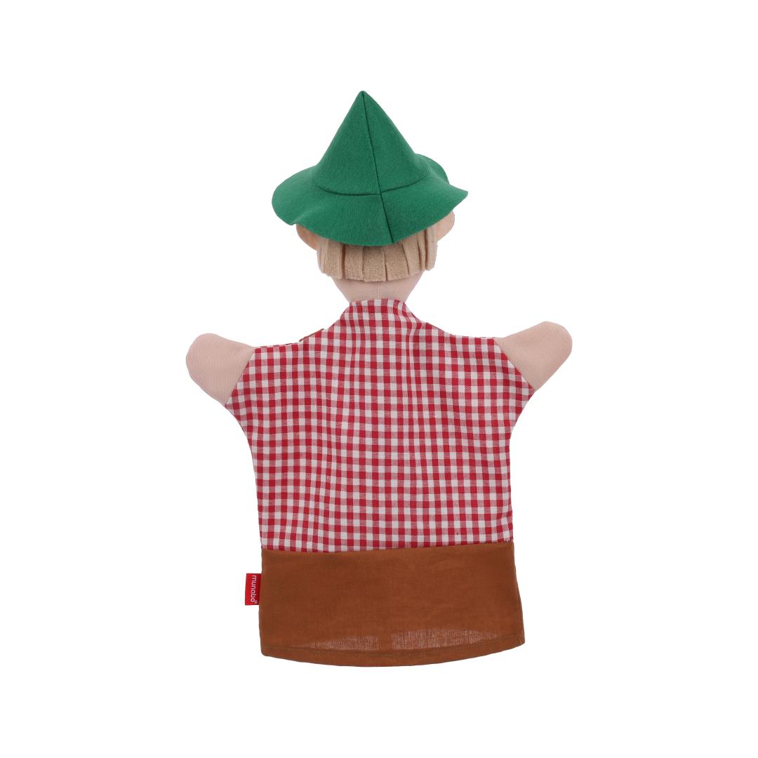 Seppel hand puppet by munabo, rear view of the green hat above the check shirt.