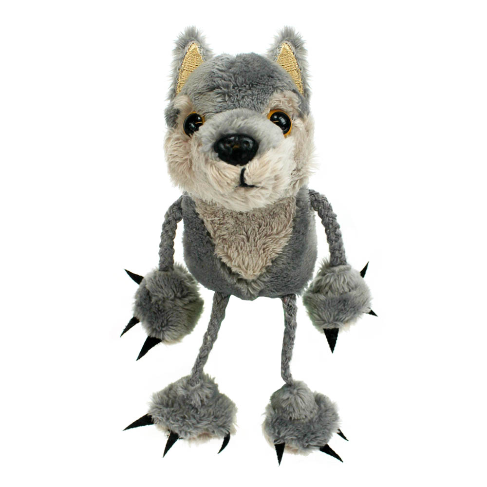 The Puppet Company finger puppet wolf, grey puppet with pointed ears and long fabric legs