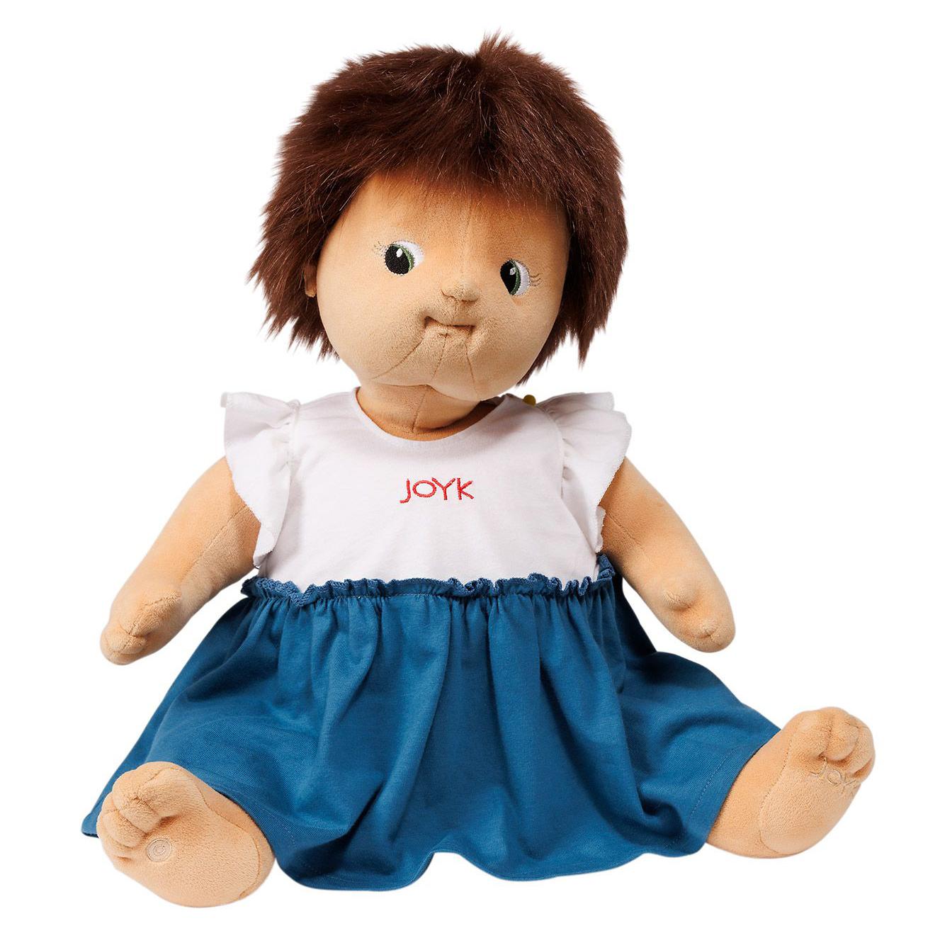 Joyk empathy doll Mandy with brown tousled hair and a white-blue dress, sitting