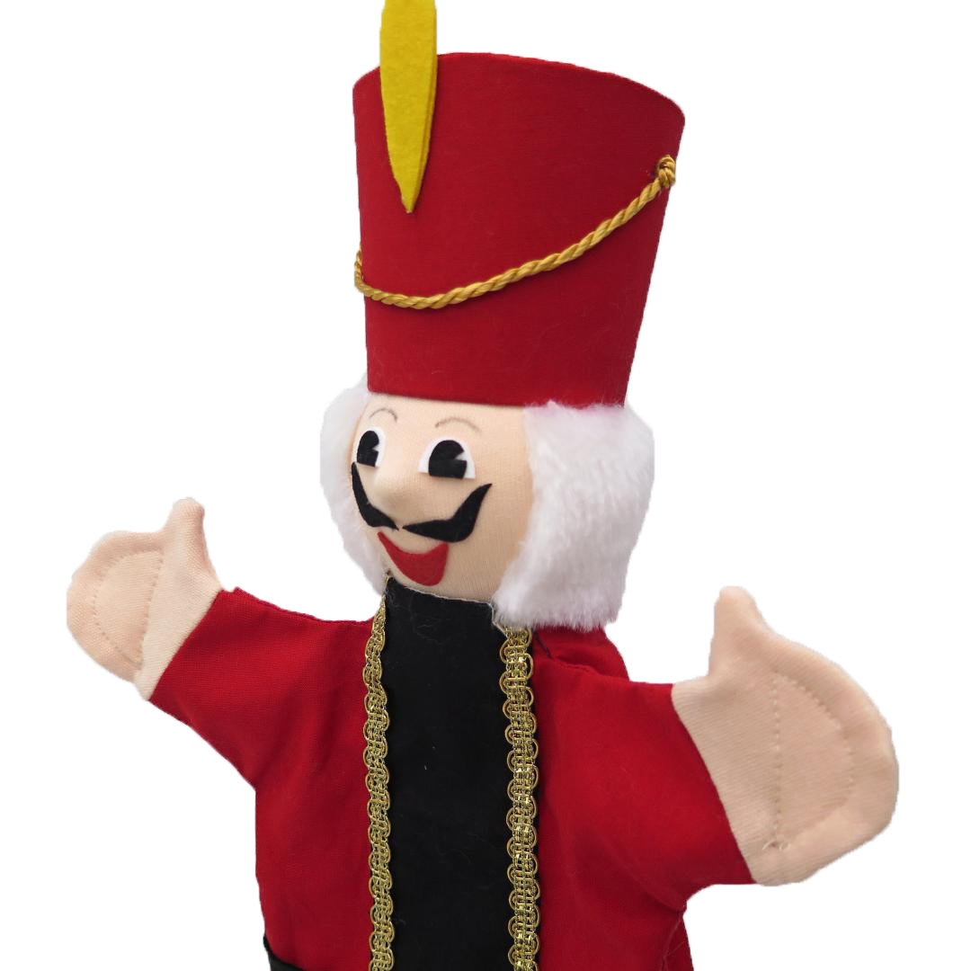 Punch and Judy puppet nutcracker by munabo in close-up with red shako, gold trim and black moustache