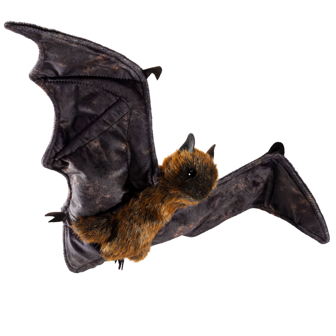 Folkmanis fruit bat hand puppet with rust-brown fur and widely spread dark grey wings, side view