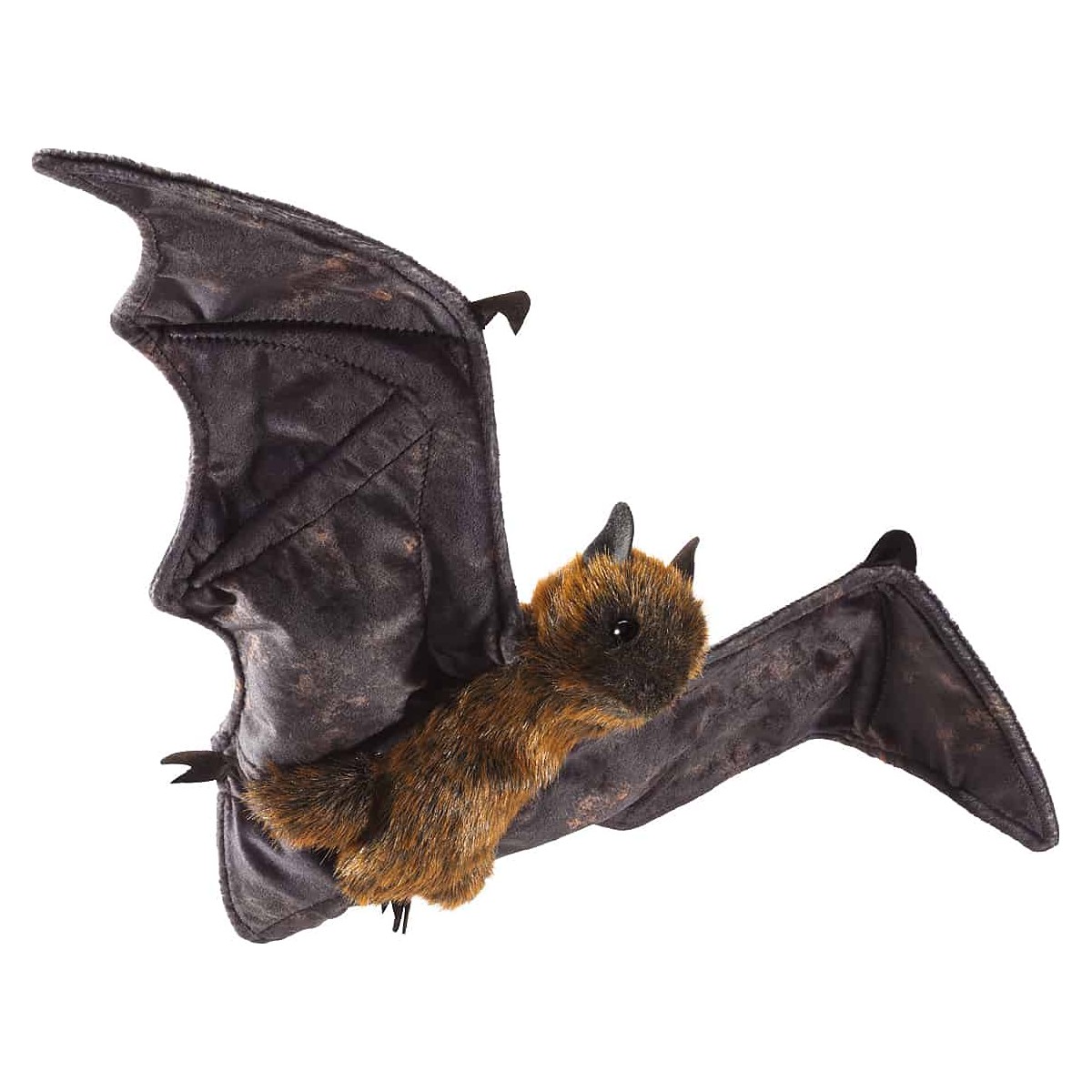 Folkmanis fruit bat hand puppet with rust-brown fur and widely spread dark grey wings, side view