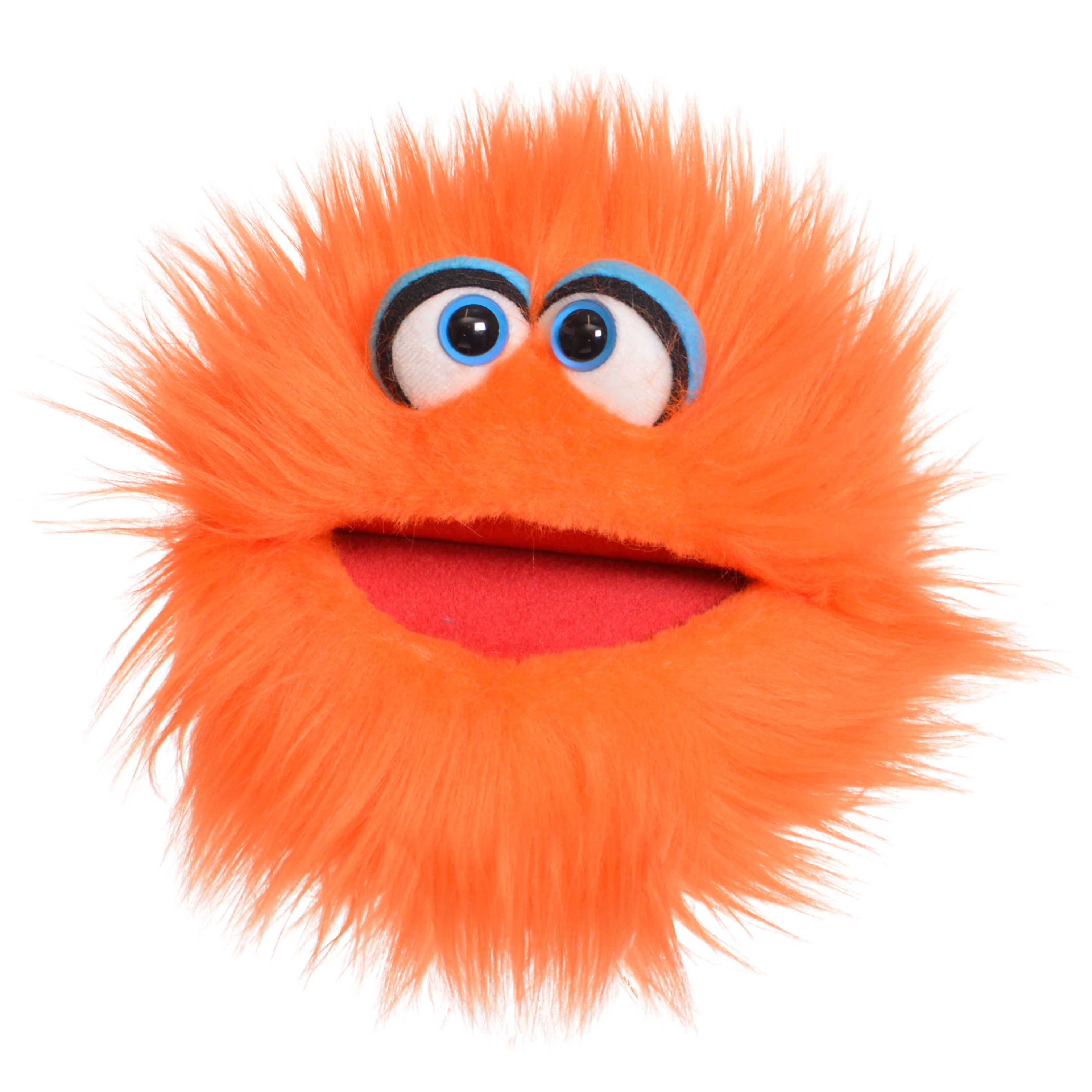 Living Puppets hand puppet Klops, orange shaggy monster with blue eyebrows and an open red mouth, front view