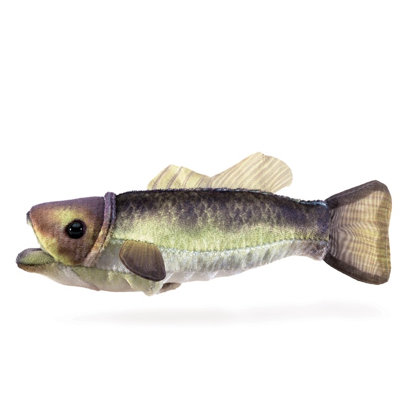 Folkmanis mini largemouth bass finger puppet in side view, naturalistically printed plush fabric in green and brown with scale texture