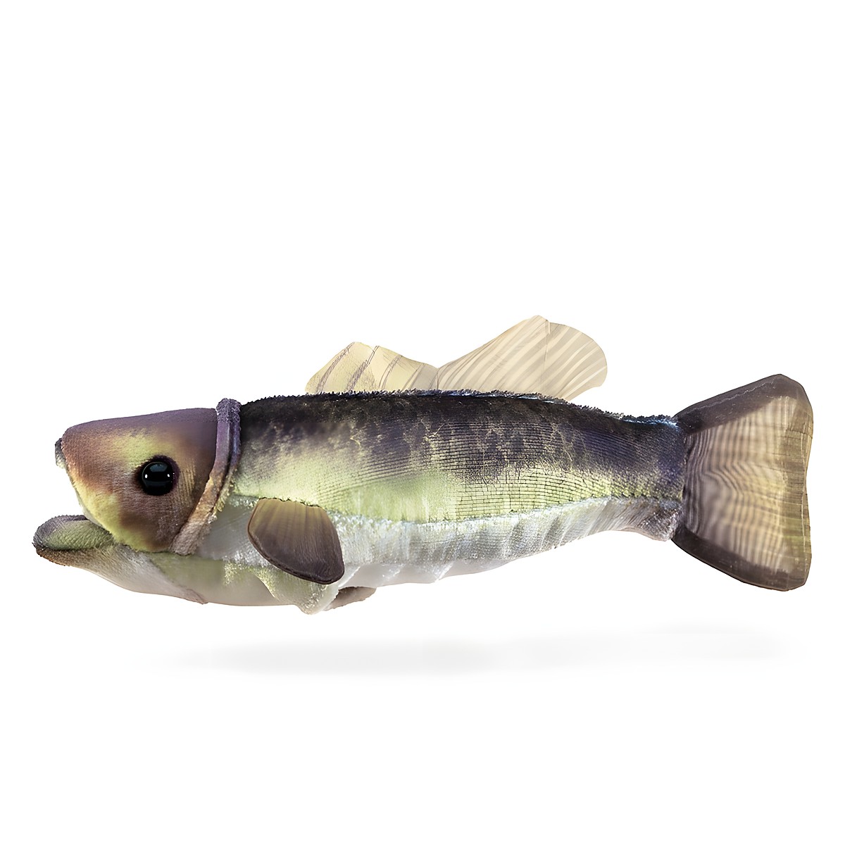 Folkmanis mini largemouth bass finger puppet in side view, naturalistically printed plush fabric in green and brown with scale texture