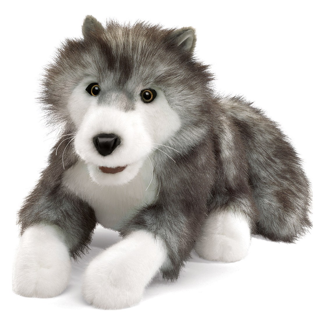 Folkmanis timber wolf hand puppet lying down, grey-white plush fur, amber eyes, slightly open mouth