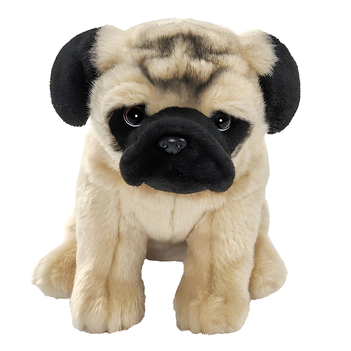 Pug plush toy by Anima with beige fur, black muzzle mask and dark ears, sitting
