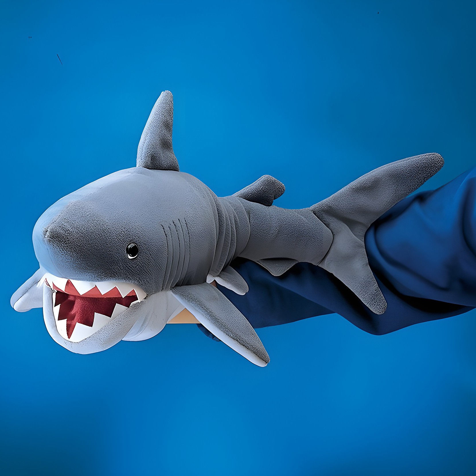 Folkmanis shark hand puppet in grey with open mouth and jagged teeth, worn on a hand, side view against a blue background