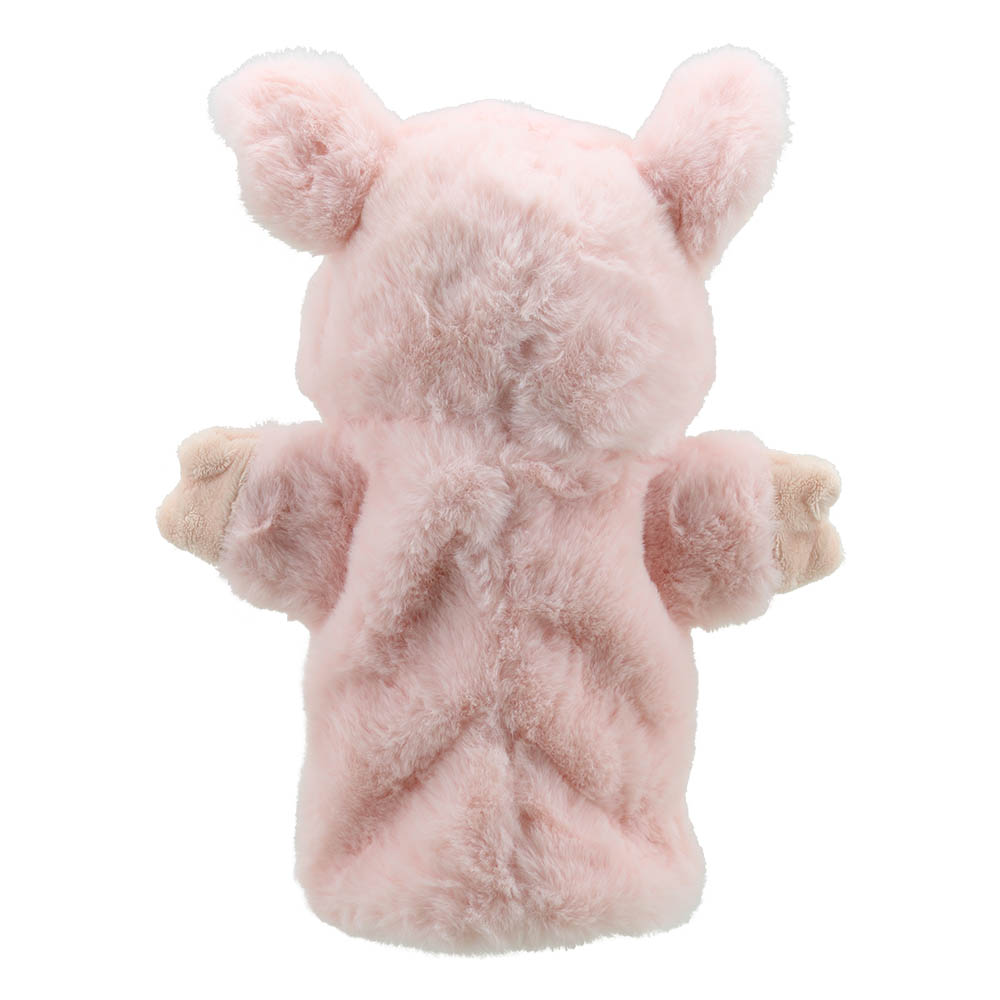 The Puppet Company baby hand puppet pig, pink pig with beige ears, back view