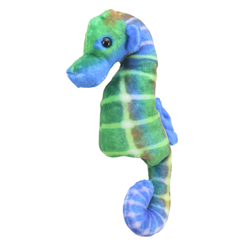 The Puppet Company finger puppet seahorse, green and blue patterned with a curled tail, three-quarter view